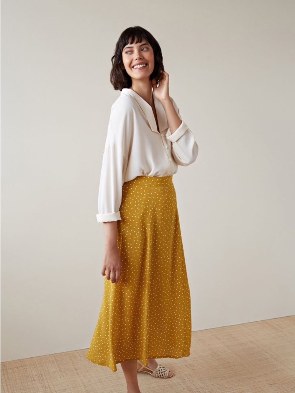Des petits hauts  Polka Dot Mustard Maxi Skirt with Elastic Waist